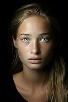 a woman with blue eyes and blonde hair generative ai photo