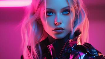 a woman with blue eyes and pink hair generative ai photo