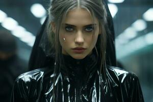 a woman with blue eyes in a black jacket generative ai photo