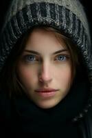 a woman with blue eyes in a winter hat generative ai photo