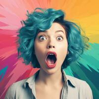 a woman with blue hair and an open mouth on a colorful background generative ai photo