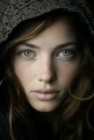 a woman with blue eyes is wearing a hood generative ai photo