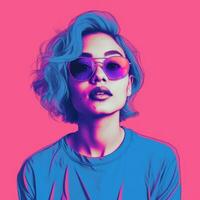 a woman with blue hair and sunglasses on a pink background generative ai photo
