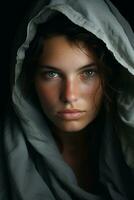 un mujer con azul ojos es cubierto en un cobija generativo ai foto