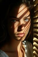 a woman with blue eyes looking out the window generative ai photo