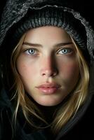 a woman with blue eyes in a hooded jacket generative ai photo