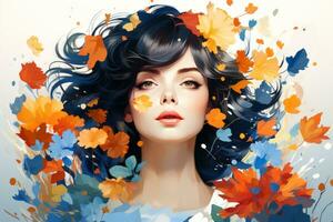 a woman with blue hair surrounded by autumn leaves generative ai photo