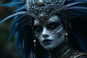 un mujer con azul maquillaje y plumas en su cabeza generativo ai foto