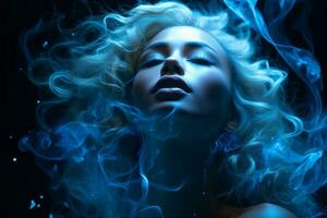 un mujer con azul fumar en su pelo generativo ai foto