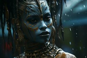 un mujer con azul pintar en su cara en el lluvia generativo ai foto
