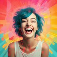 a woman with bright blue hair is laughing generative ai photo