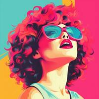 a woman with bright hair and sunglasses on a colorful background generative ai photo