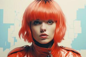 a woman with bright orange hair wearing an orange jacket generative ai photo