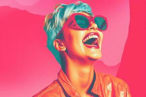 a woman with bright pink hair and sunglasses is laughing generative ai photo