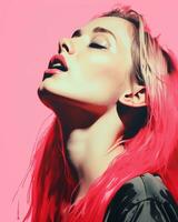 a woman with bright red hair is looking up generative ai photo