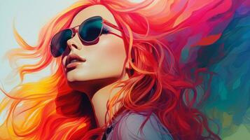 un mujer con brillante rojo pelo y Gafas de sol generativo ai foto