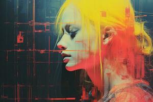 a woman with bright yellow hair is in front of a computer screen generative ai photo