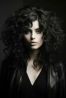 a woman with curly hair and black leather jacket generative ai photo