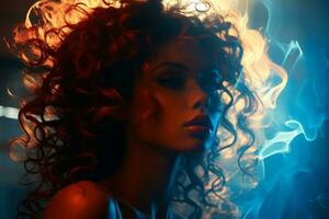 a woman with curly hair and blue smoke generative ai photo