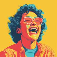a woman with curly hair and glasses laughing generative ai photo