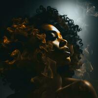 a woman with curly hair and smoke coming out of her hair generative ai photo