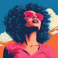 a woman with curly hair and sunglasses in front of a blue sky generative ai photo