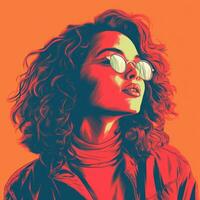 a woman with curly hair and sunglasses on an orange background generative ai photo
