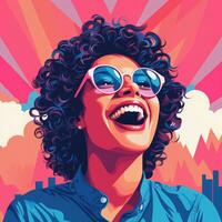 a woman with curly hair and sunglasses is laughing generative ai photo