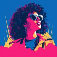 a woman with curly hair and sunglasses on a blue and pink background generative ai photo
