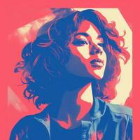 a woman with curly hair in a blue and pink background generative ai photo