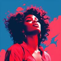 a woman with curly hair in front of a blue and red background generative ai photo