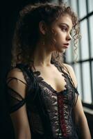 a woman with curly hair in a black corset generative ai photo