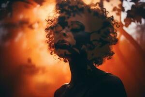 a woman with curly hair in front of an orange sunset generative ai photo