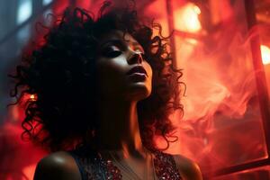a woman with curly hair in front of a red light generative ai photo