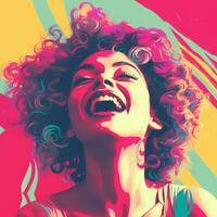 a woman with curly hair is laughing in front of a colorful background generative ai photo