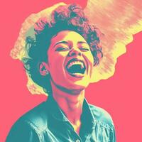a woman with curly hair is laughing in front of a colorful background generative ai photo
