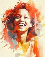 a woman with curly hair is smiling in front of a colorful background generative ai photo
