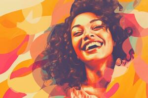 a woman with curly hair is smiling in front of an abstract background generative ai photo