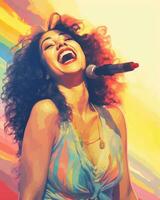 a woman with curly hair singing into a microphone generative ai photo