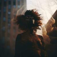 a woman with curly hair standing in front of a building generative ai photo