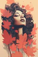a woman with curly hair is surrounded by autumn leaves generative ai photo