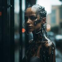 a woman with cybernetic makeup standing in the rain generative ai photo