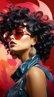 a woman with curly hair wearing sunglasses and a red dress generative ai photo