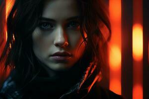 a woman with dark hair and a black jacket in front of red lights generative ai photo
