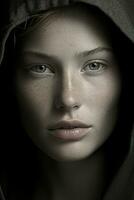 a woman with freckles in a hoodie generative ai photo