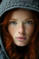 a woman with freckles in a hoodie generative ai photo