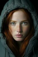 a woman with freckles in a hooded jacket generative ai photo