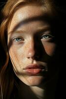 a woman with freckles on her face generative ai photo