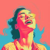 a woman with glasses and a pink shirt is laughing generative ai photo