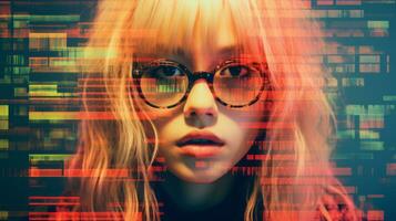 a woman with glasses and a computer screen in front of her generative ai photo